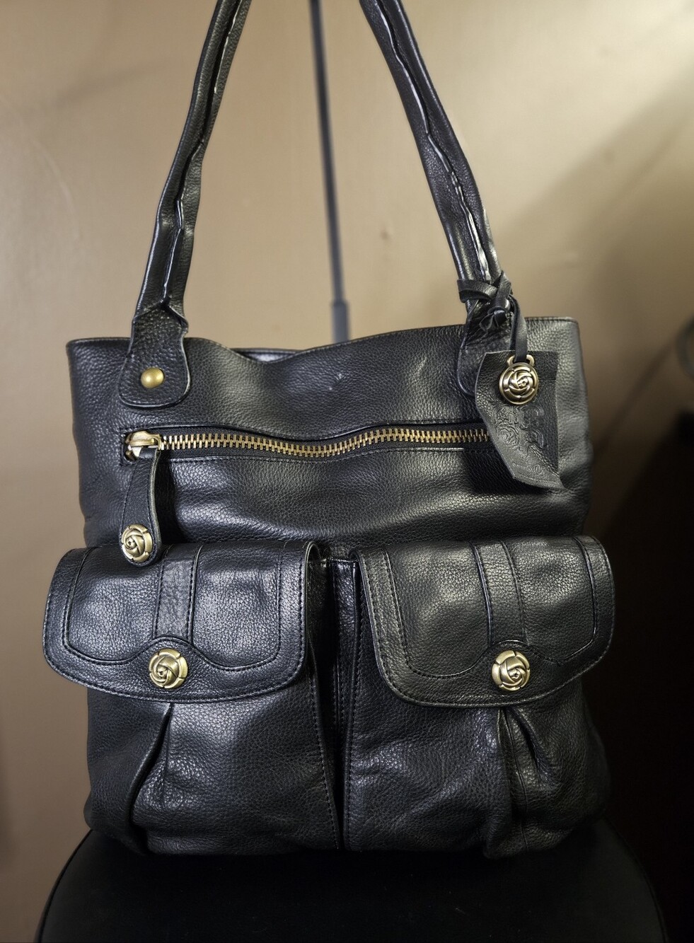 Rough Roses Black Leather Slouchy Shoulder Tote